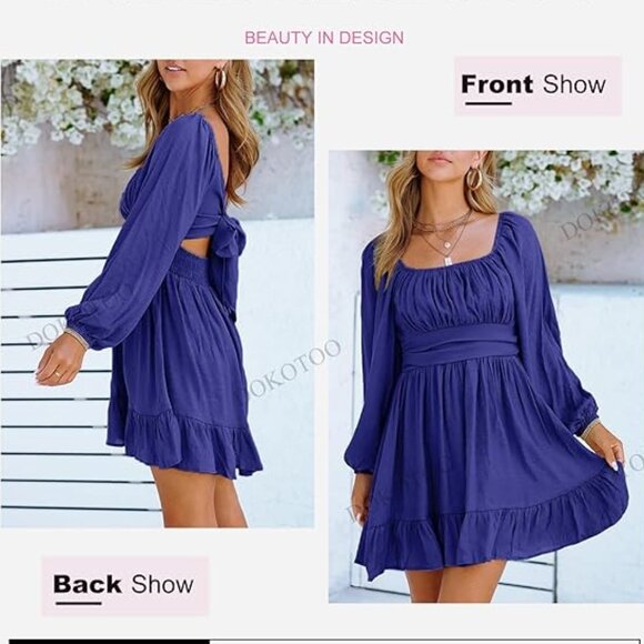 DOKOTOO Women's Lantern Sleeve Square Neck Tie Backless Sexy Dress Sz: M Blue - Picture 2 of 15